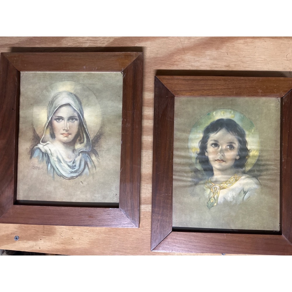 Florence Kroger Vintage Religious Prints Virgin Mary Christ Child Wood Frames 2